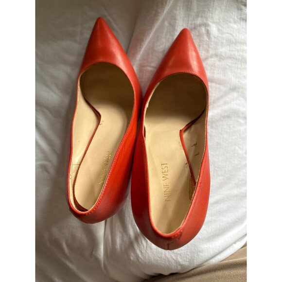Orange Leather Pointed-Toe High Heels Size 11 Nine West Kitten Heel - Picture 10 of 12